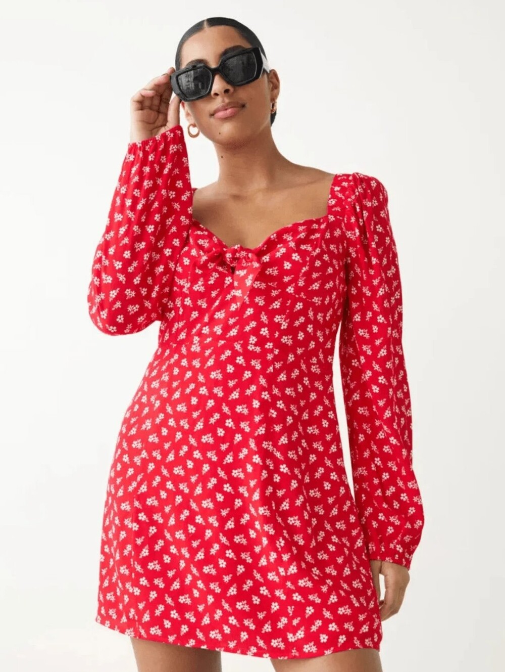 & Other Stories Red Floral Puff Sleeve Bow Tie Front Mini Dress